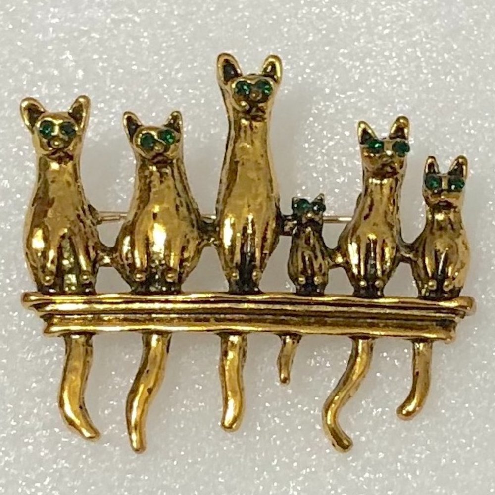 Cats Brooch Pin Pendant Green Eyes Vintage  Gold Tone Metal Crystals B80